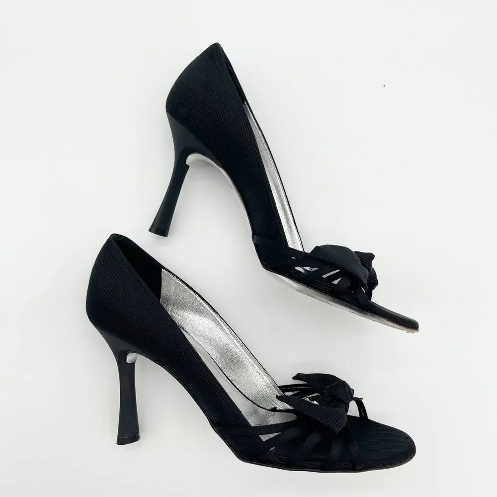 Chanel Vintage Karl Lagerfeld Y2K Grosgrain Bow Pearl CC Peep Toe Heels EU 37